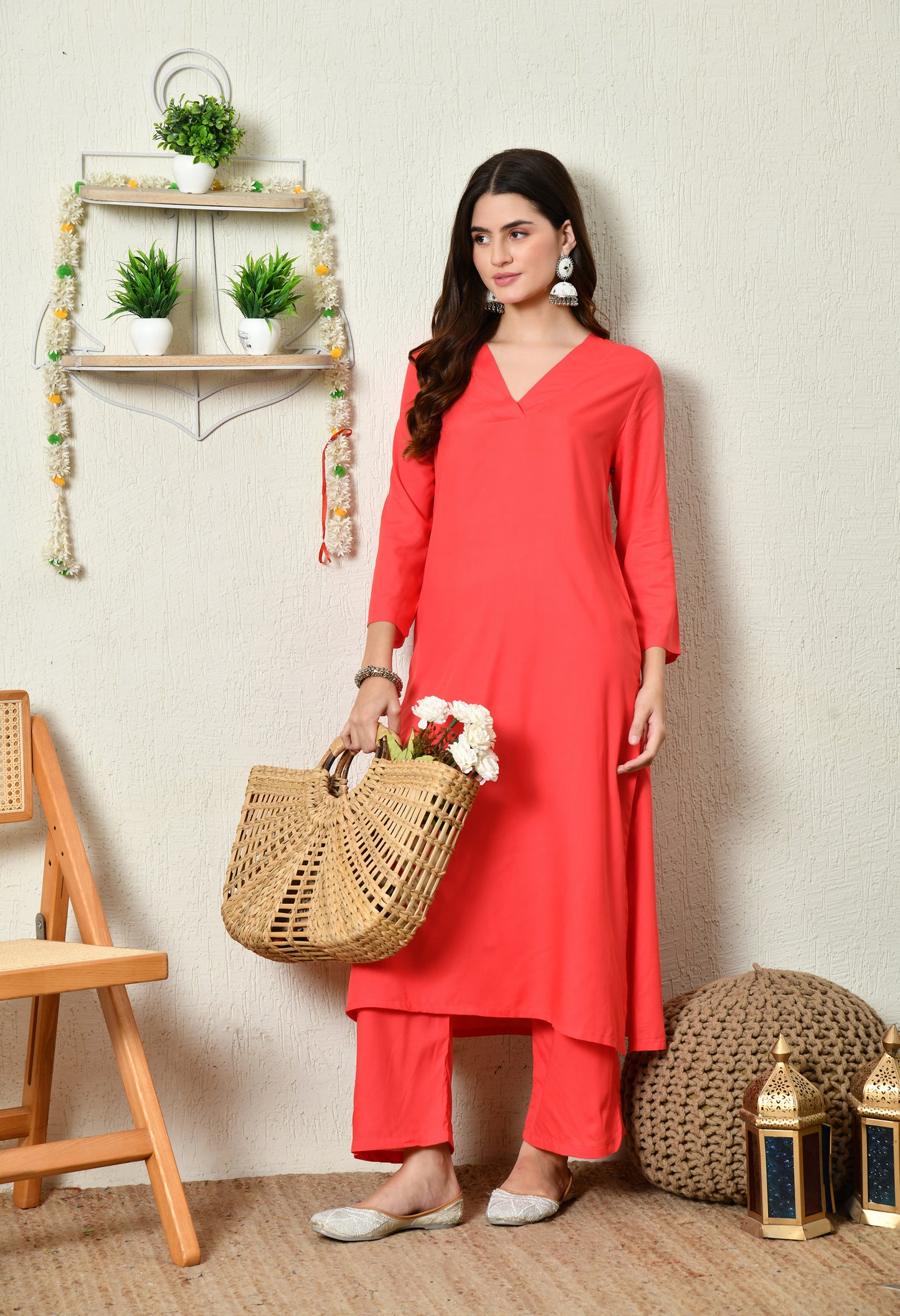 Flame Rose Solid Kurta Set | Red