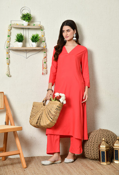 Flame Rose Solid Kurta Set | Red