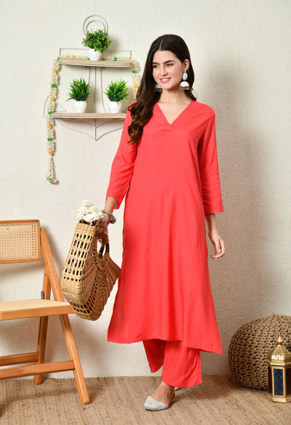 Flame Rose Solid Kurta Set | Red