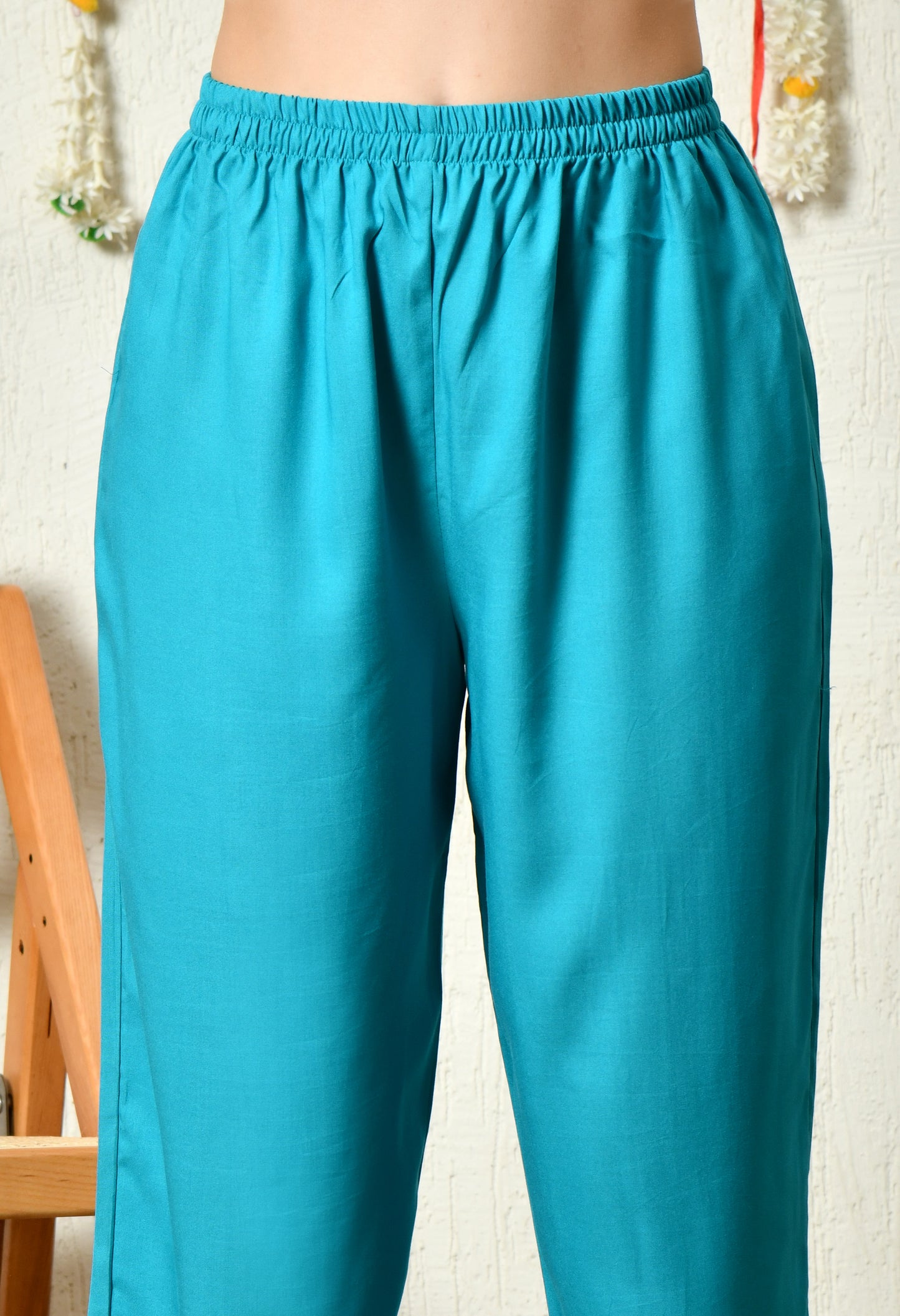 Solid Aqua Blue Rayon Kurta Set with V-Slit Neckline