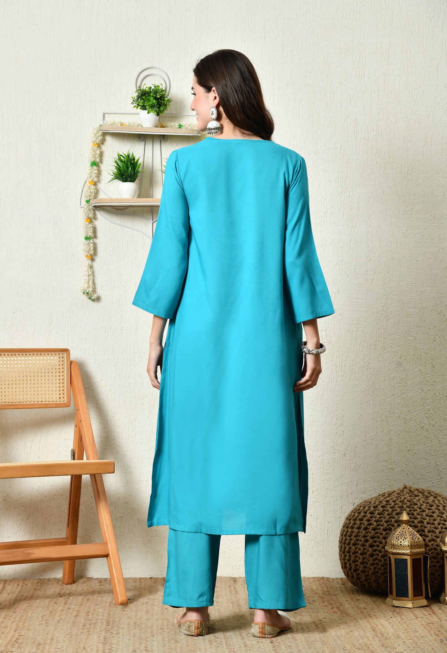 Solid Aqua Blue Rayon Kurta Set with V-Slit Neckline