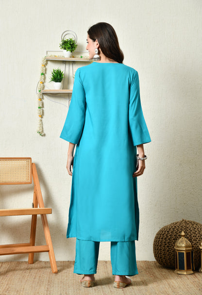 Solid Aqua Blue Rayon Kurta Set with V-Slit Neckline