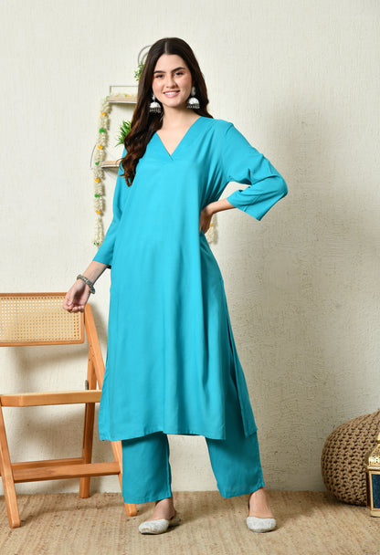 Solid Aqua Blue Rayon Kurta Set with V-Slit Neckline