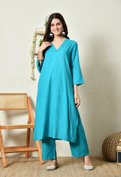 Solid Aqua Blue Rayon Kurta Set with V-Slit Neckline