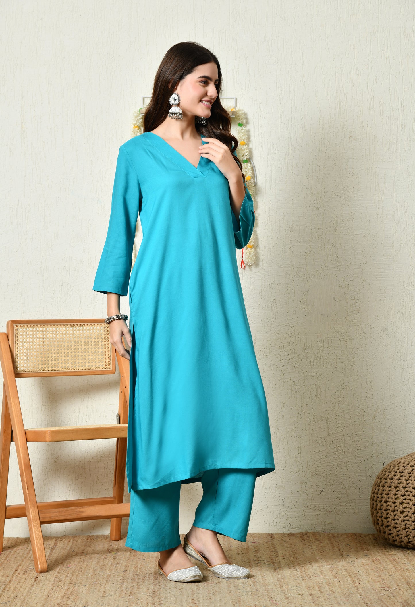 Solid Aqua Blue Rayon Kurta Set with V-Slit Neckline