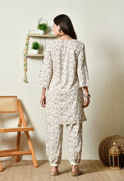 Off-White Brown Floral Vine Printed Rayon Kurta & Pant Set with Pocket