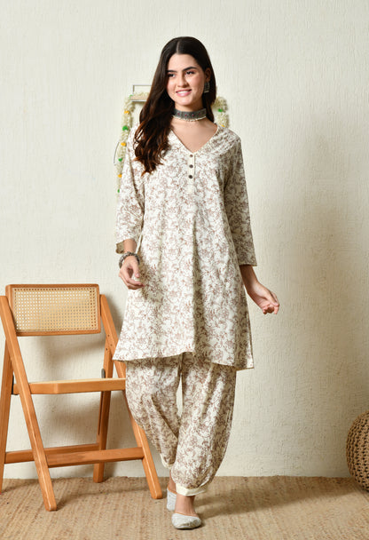 Off-White Brown Floral Vine Printed Rayon Kurta & Pant Set with Pocket
