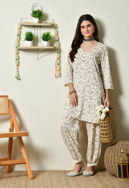 Off-White Brown Floral Vine Printed Rayon Kurta & Pant Set with Pocket