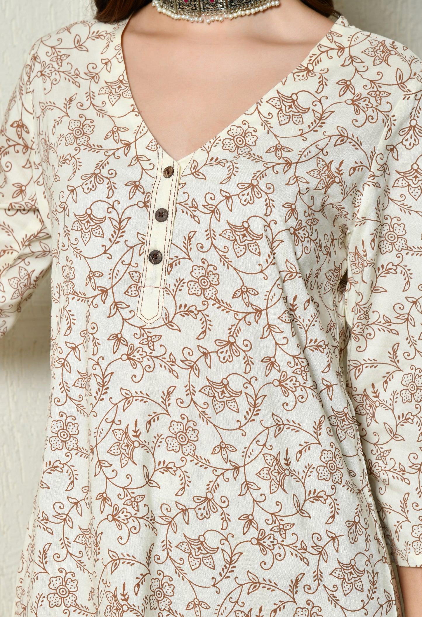 Off-White Brown Floral Vine Printed Rayon Kurta & Pant Set with Pocket