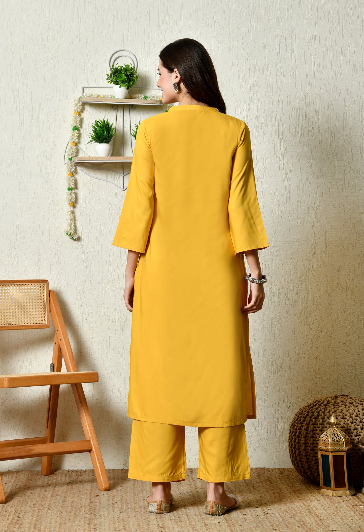 Solid Mustard Yellow Rayon Kurta Set with Mandarin V-Slit Neckline