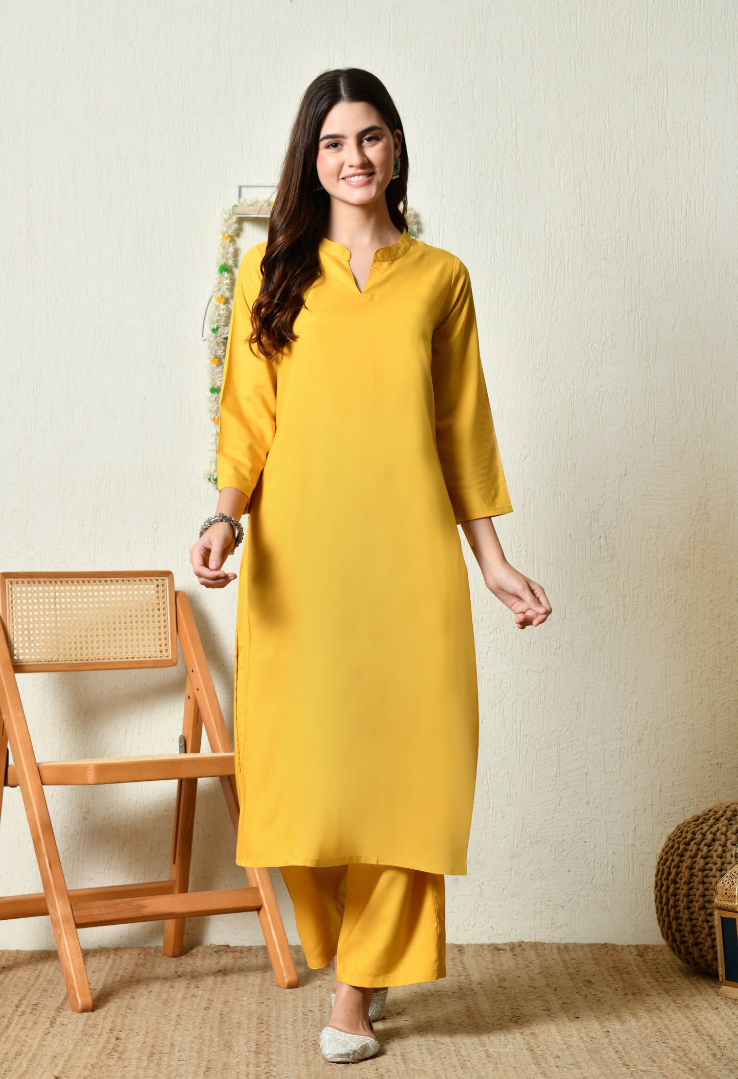 Solid Mustard Yellow Rayon Kurta Set with Mandarin V-Slit Neckline