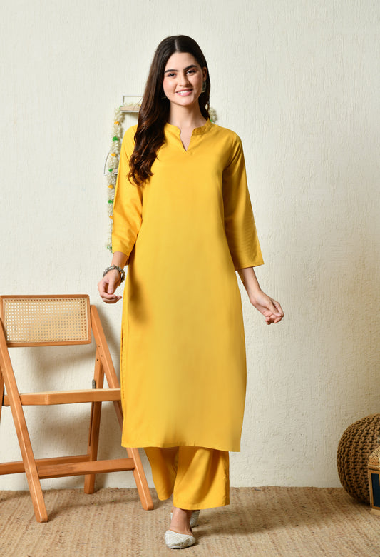 Single Shade Stylish Kurta Set | Yellow