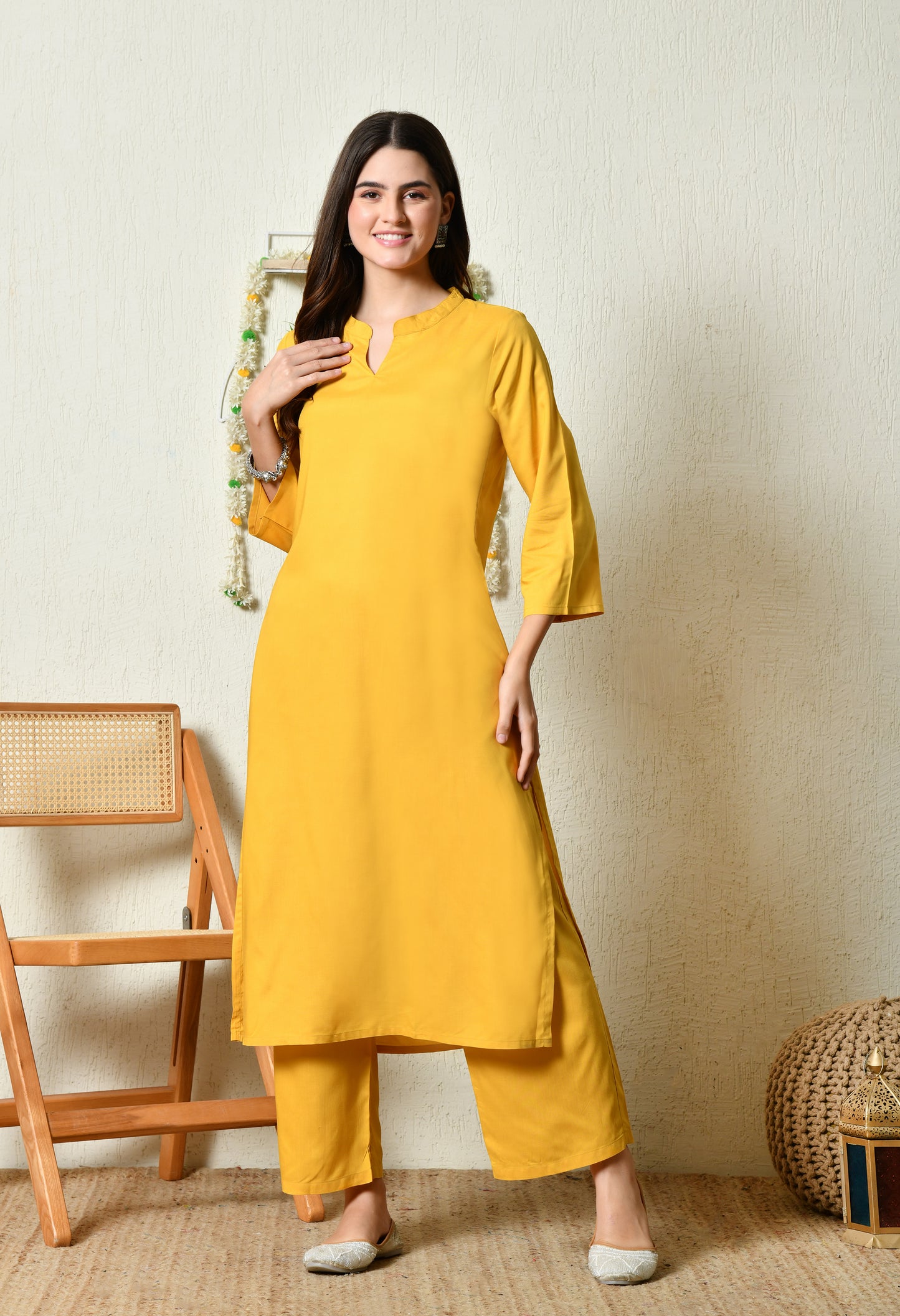 Solid Mustard Yellow Rayon Kurta Set with Mandarin V-Slit Neckline
