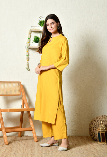 Solid Mustard Yellow Rayon Kurta Set with Mandarin V-Slit Neckline