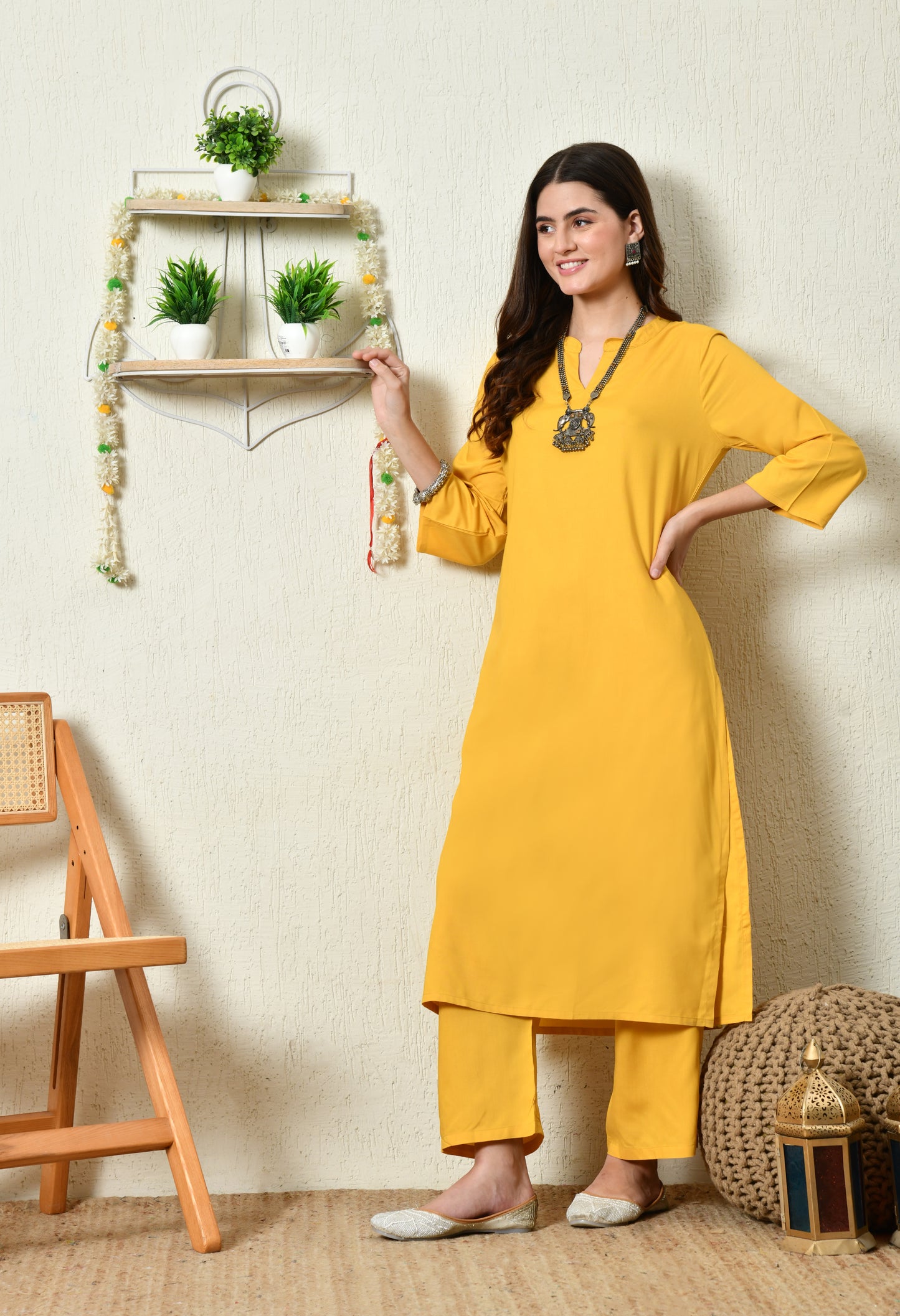 Solid Mustard Yellow Rayon Kurta Set with Mandarin V-Slit Neckline