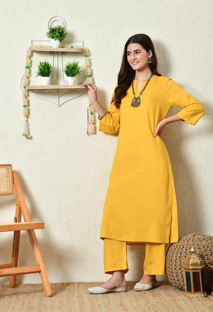 Solid Mustard Yellow Rayon Kurta Set with Mandarin V-Slit Neckline