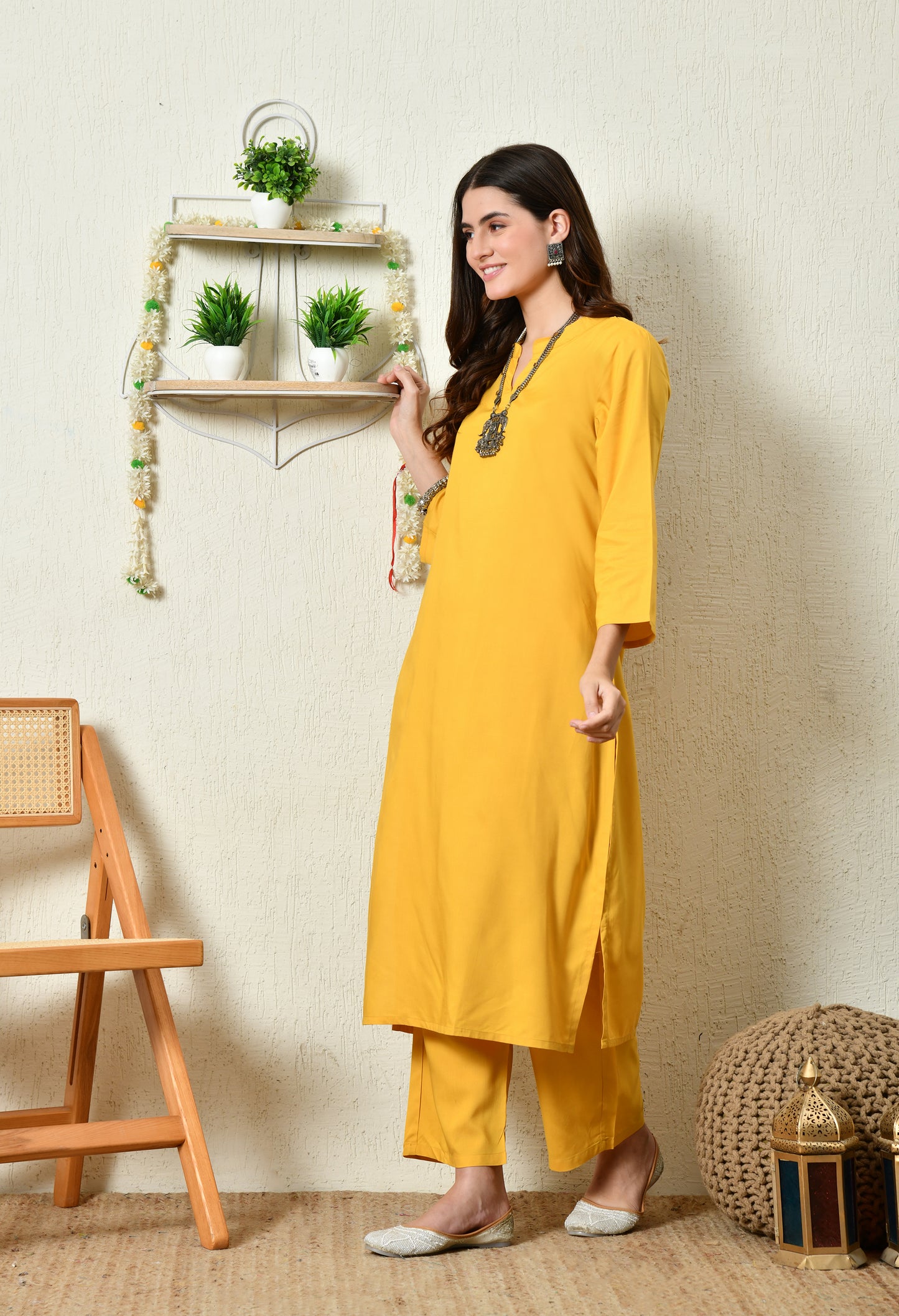 Solid Mustard Yellow Rayon Kurta Set with Mandarin V-Slit Neckline
