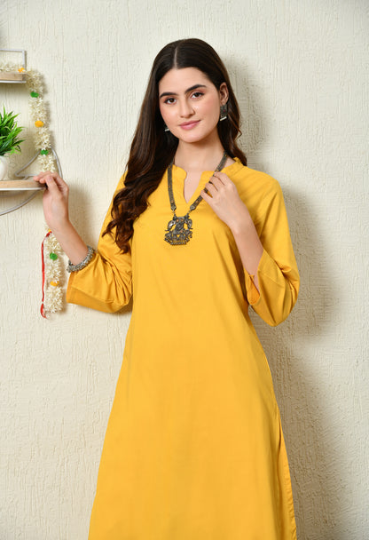 Solid Mustard Yellow Rayon Kurta Set with Mandarin V-Slit Neckline