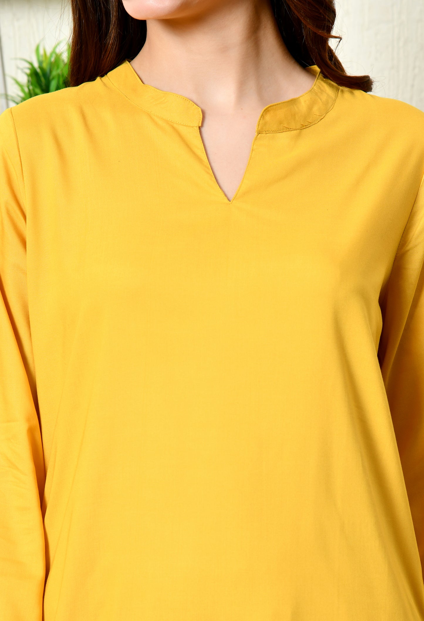 Solid Mustard Yellow Rayon Kurta Set with Mandarin V-Slit Neckline