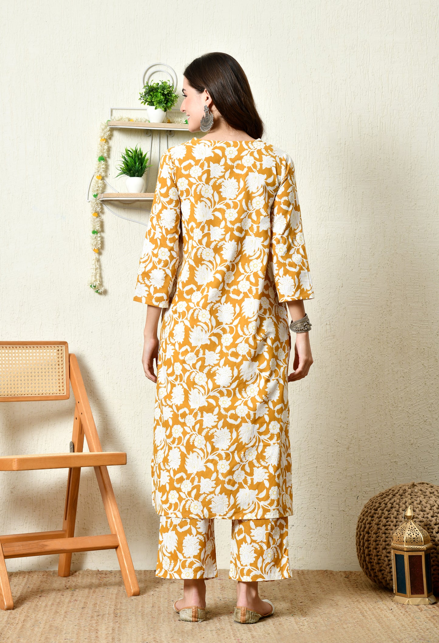 Mustard Floral Printed Rayon Kurta Set with Lace-Trim V-Slit Neckline & Side Pocket