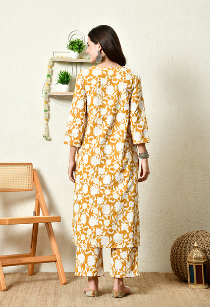 Mustard Floral Printed Rayon Kurta Set with Lace-Trim V-Slit Neckline & Side Pocket