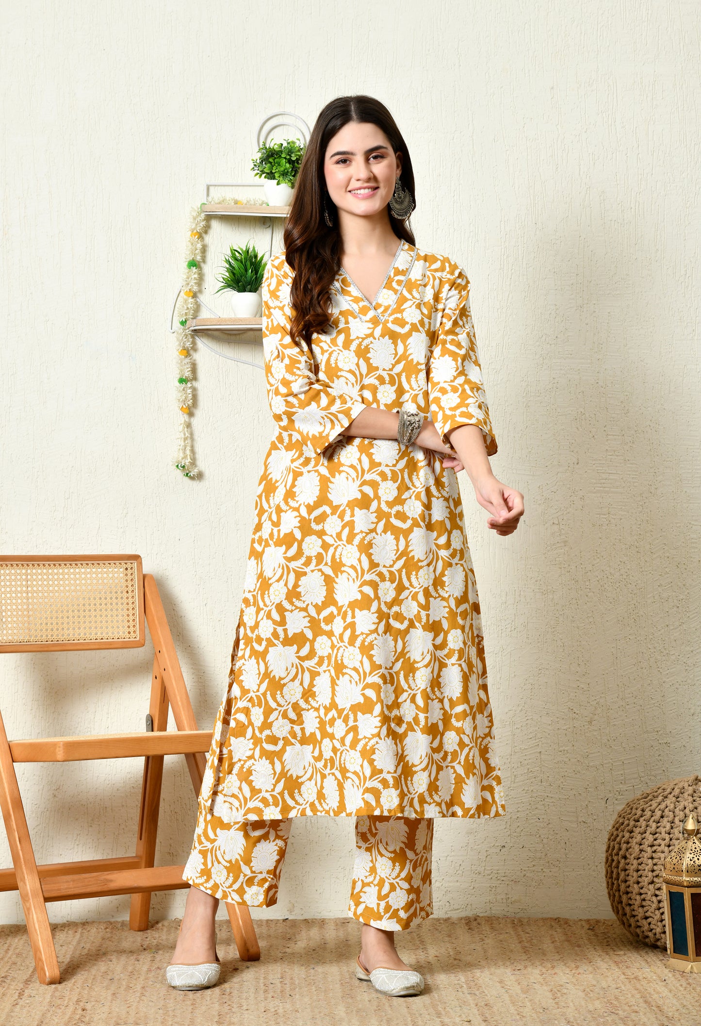 Mustard Floral Printed Rayon Kurta Set with Lace-Trim V-Slit Neckline & Side Pocket
