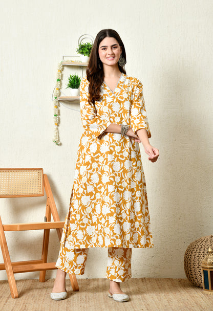 Mustard Floral Printed Rayon Kurta Set with Lace-Trim V-Slit Neckline & Side Pocket