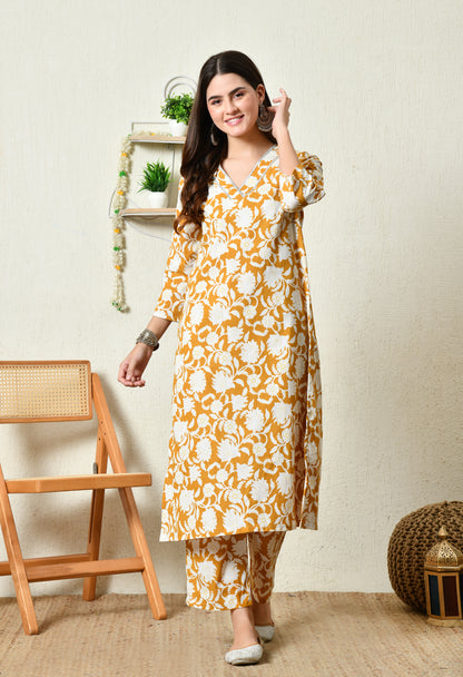 Mustard Floral Printed Rayon Kurta Set with Lace-Trim V-Slit Neckline & Side Pocket