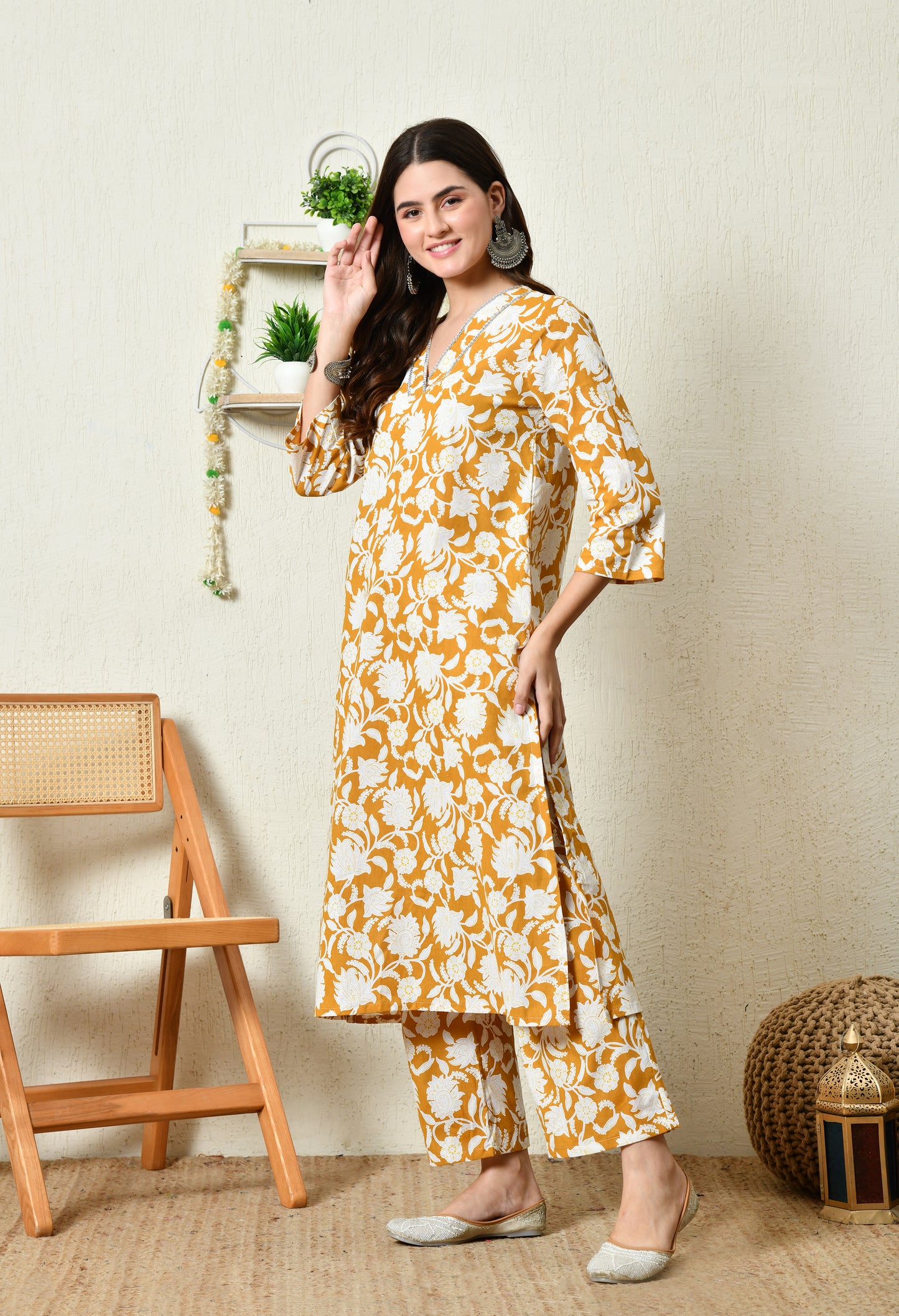 Mustard Floral Printed Rayon Kurta Set with Lace-Trim V-Slit Neckline & Side Pocket