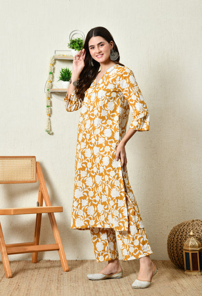 Mustard Floral Printed Rayon Kurta Set with Lace-Trim V-Slit Neckline & Side Pocket