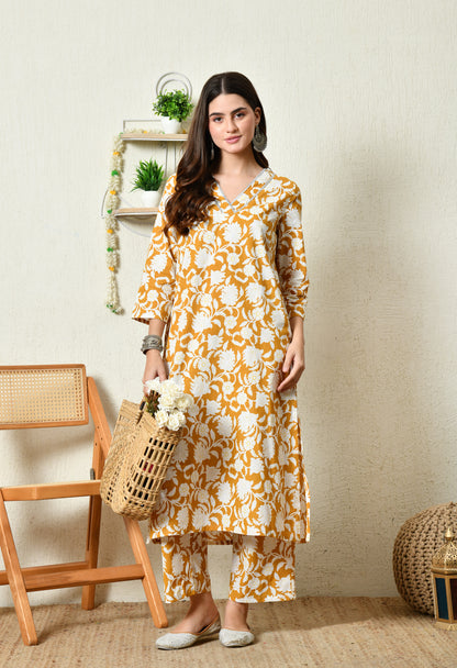 Mustard Floral Printed Rayon Kurta Set with Lace-Trim V-Slit Neckline & Side Pocket