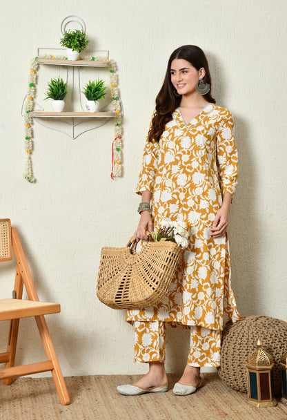 Mustard Floral Printed Rayon Kurta Set with Lace-Trim V-Slit Neckline & Side Pocket