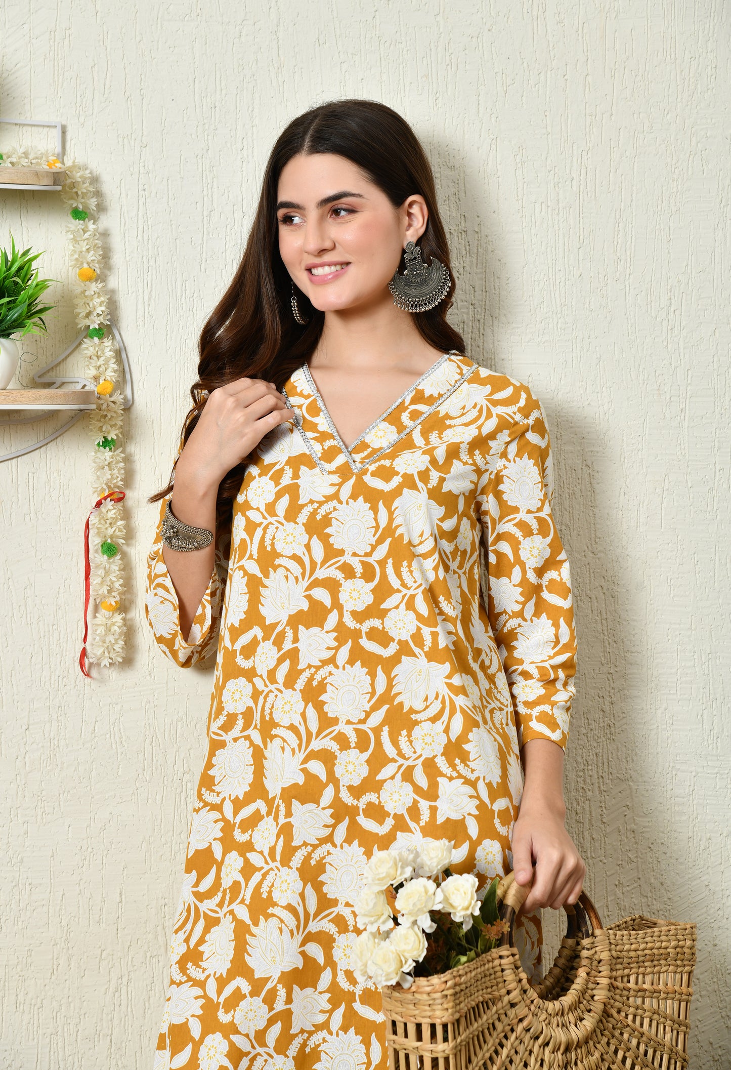 Mustard Floral Printed Rayon Kurta Set with Lace-Trim V-Slit Neckline & Side Pocket