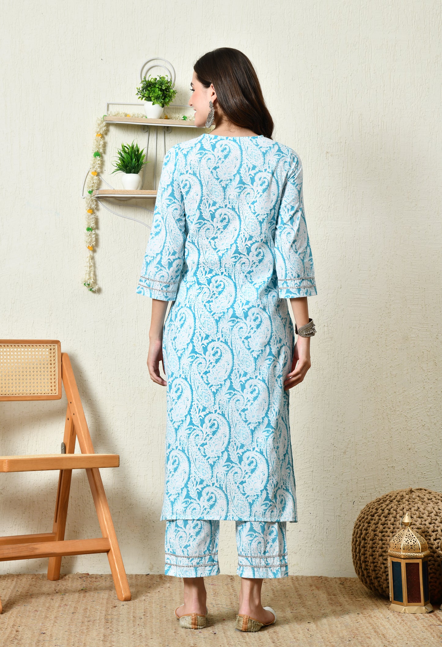 Aqua Blue Heritage Paisley Printed Rayon Kurta Set with Lace Sleeve & Hem Detailing