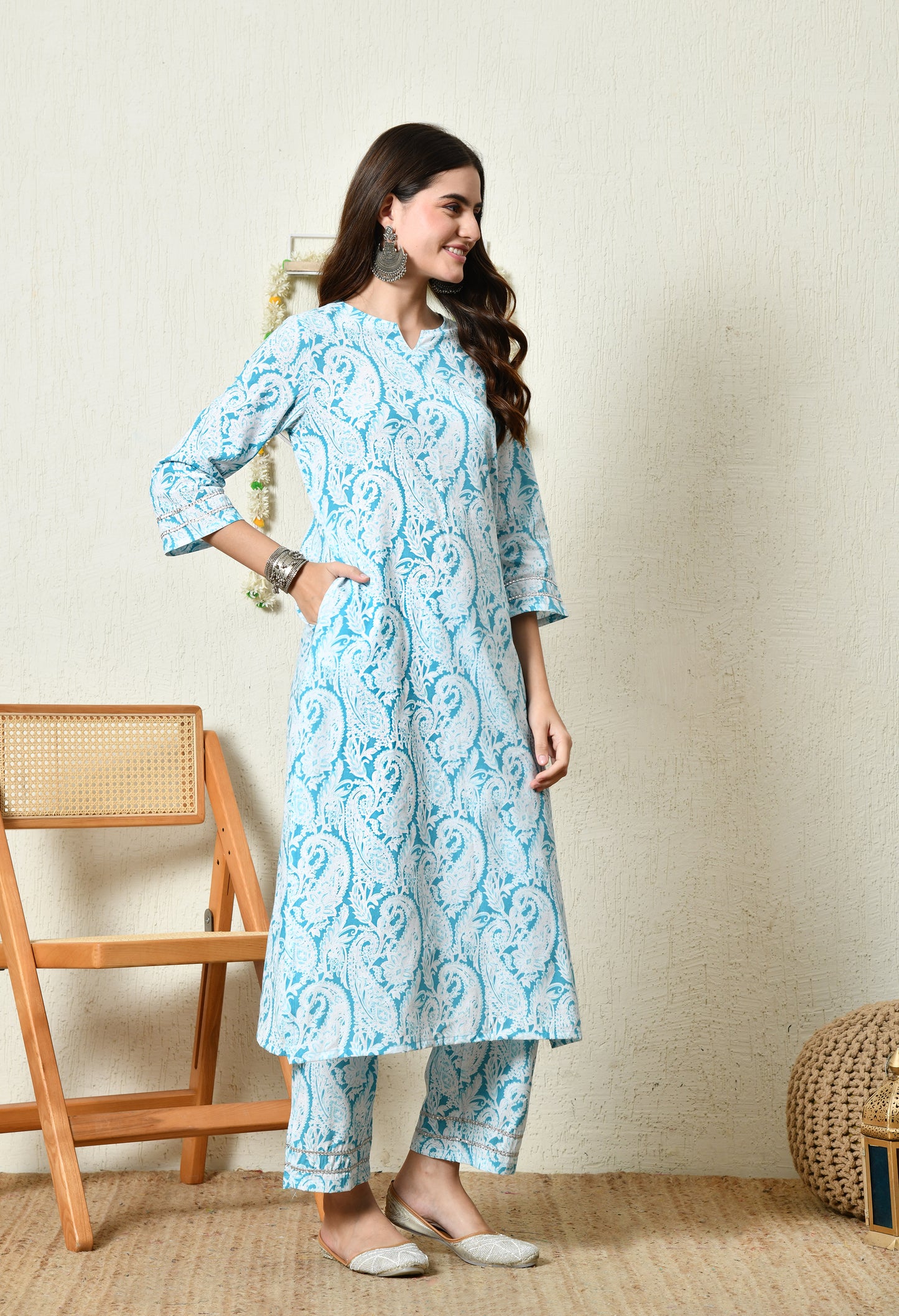 Aqua Blue Heritage Paisley Printed Rayon Kurta Set with Lace Sleeve & Hem Detailing