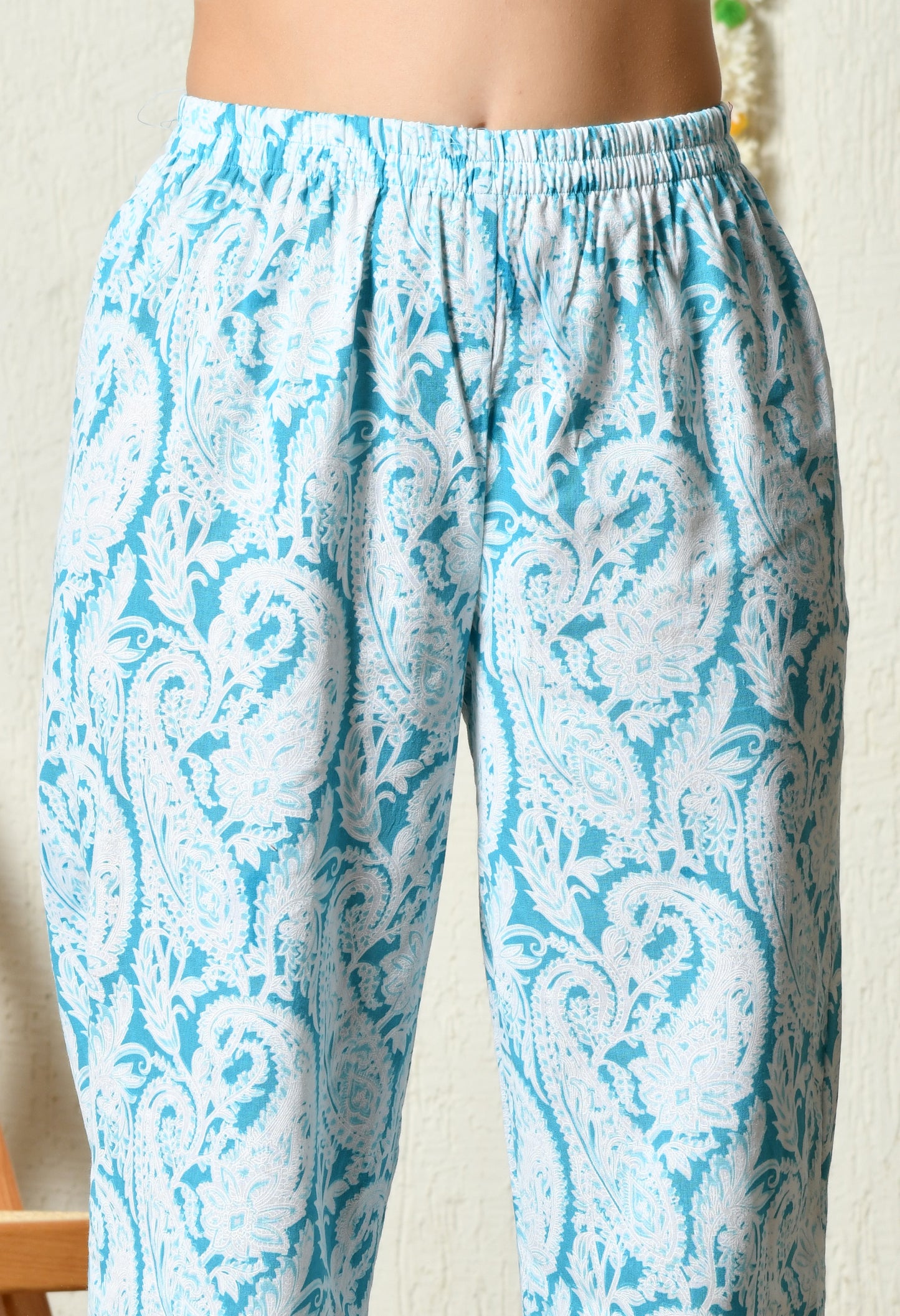 Aqua Blue Heritage Paisley Printed Rayon Kurta Set with Lace Sleeve & Hem Detailing