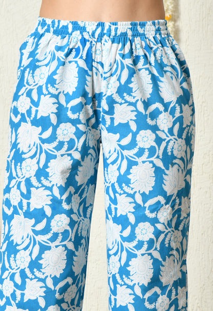 Blue Floral Printed Rayon Kurta Set with V-Slit Neckline & Side Pocket