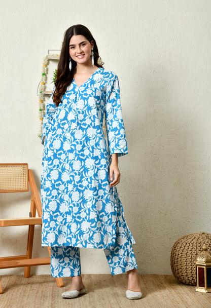 Blue Floral Printed Rayon Kurta Set with V-Slit Neckline & Side Pocket