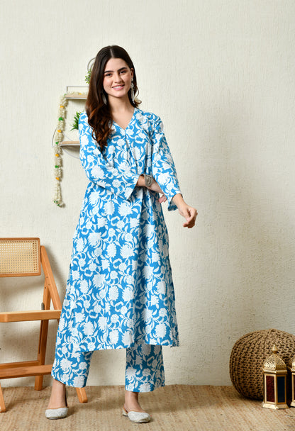 Blue Floral Printed Rayon Kurta Set with V-Slit Neckline & Side Pocket