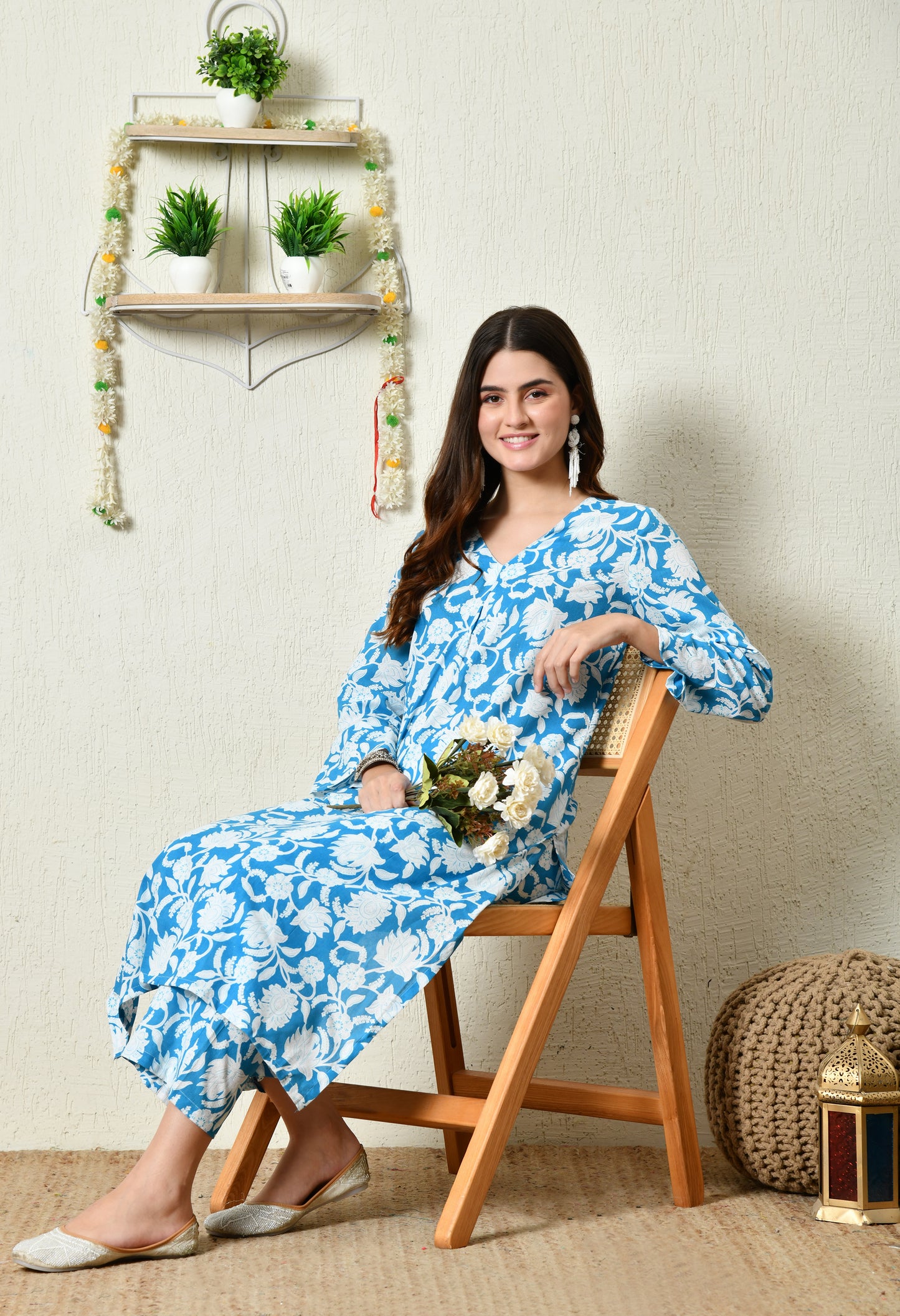 Blue Floral Printed Rayon Kurta Set with V-Slit Neckline & Side Pocket