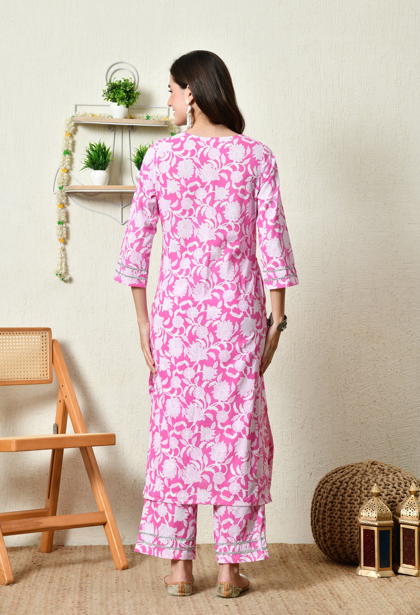 Rani Pink Floral Printed Rayon Kurta Set with Lace Sleeve & Hem Detailing