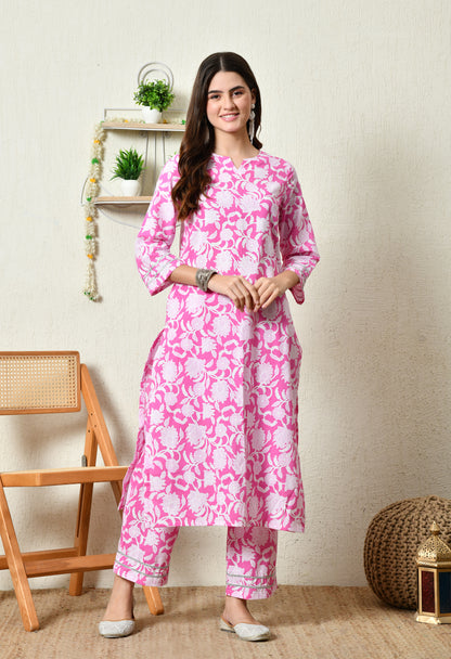 Rani Pink Floral Printed Rayon Kurta Set with Lace Sleeve & Hem Detailing