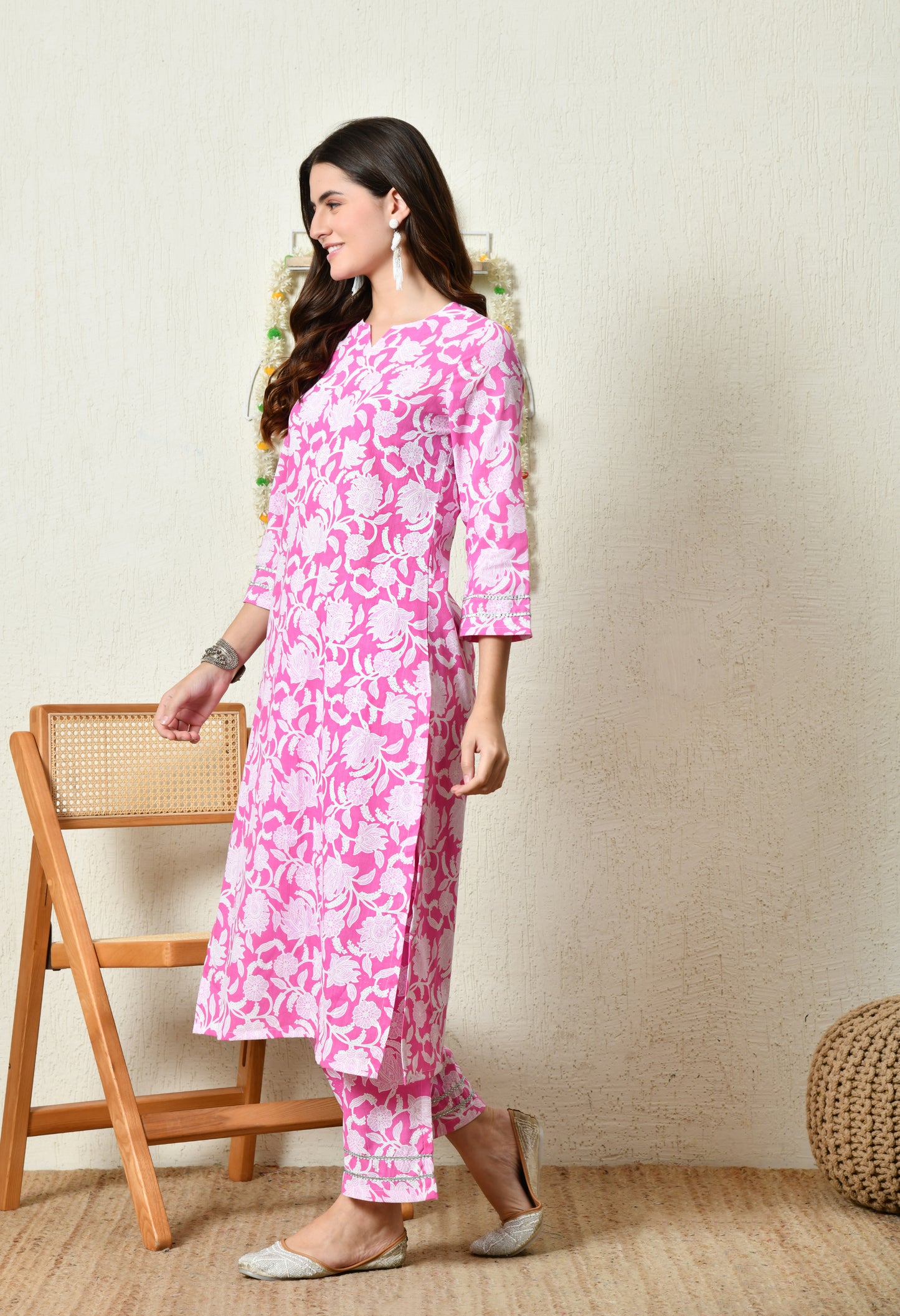 Rani Pink Floral Printed Rayon Kurta Set with Lace Sleeve & Hem Detailing