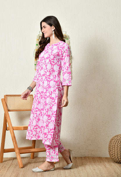 Rani Pink Floral Printed Rayon Kurta Set with Lace Sleeve & Hem Detailing