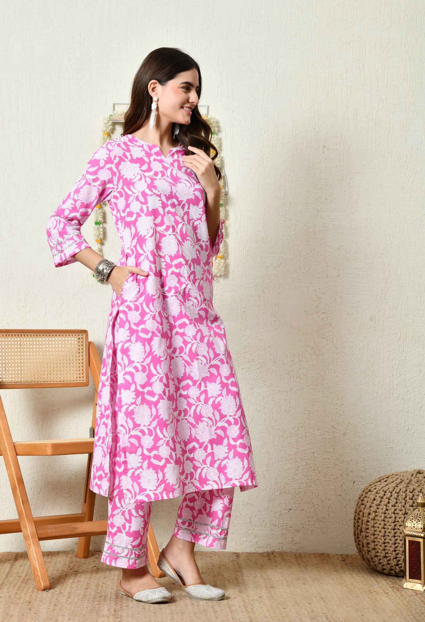 Rani Pink Floral Printed Rayon Kurta Set with Lace Sleeve & Hem Detailing