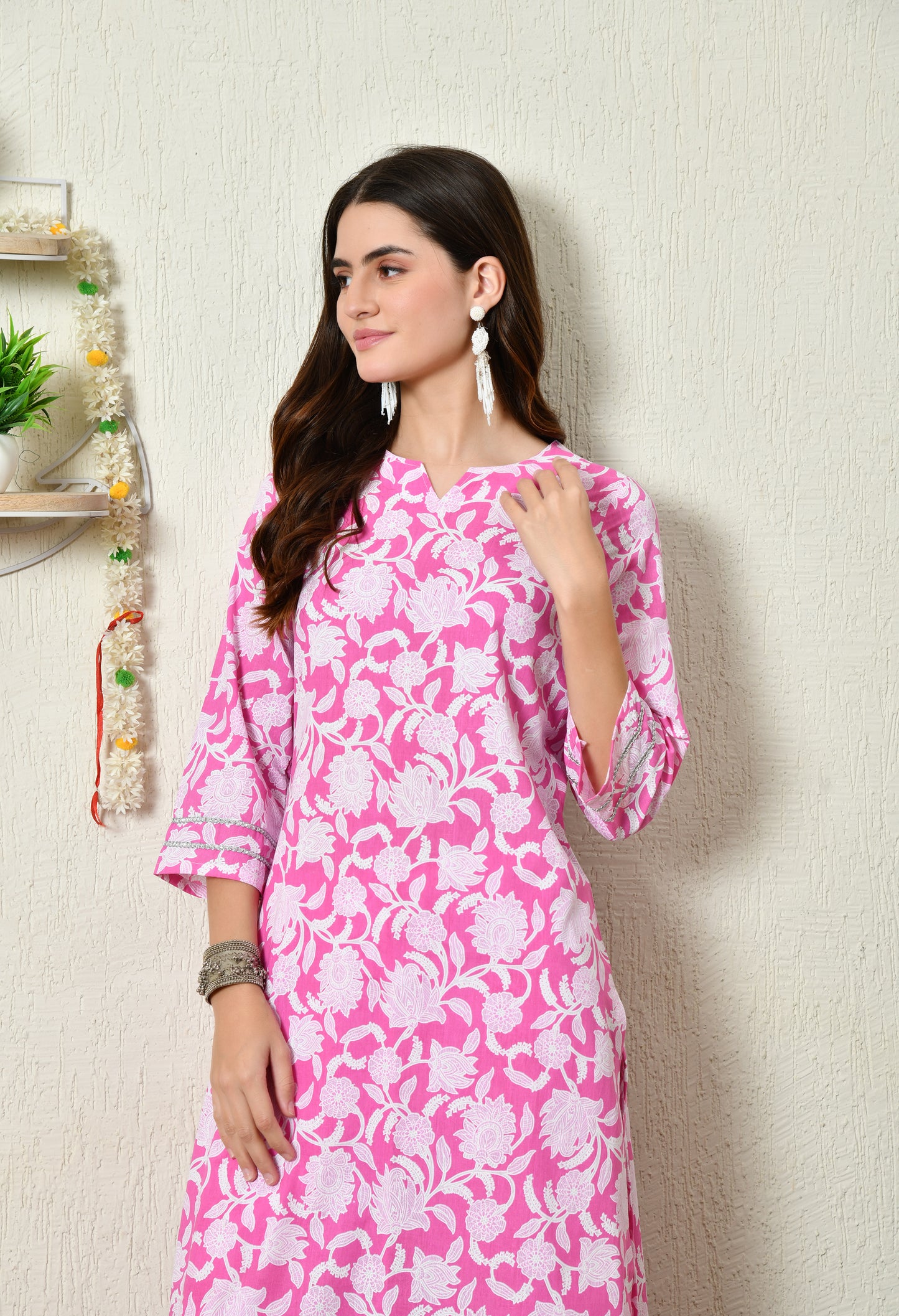 Rani Pink Floral Printed Rayon Kurta Set with Lace Sleeve & Hem Detailing