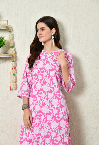 Rani Pink Floral Printed Rayon Kurta Set with Lace Sleeve & Hem Detailing