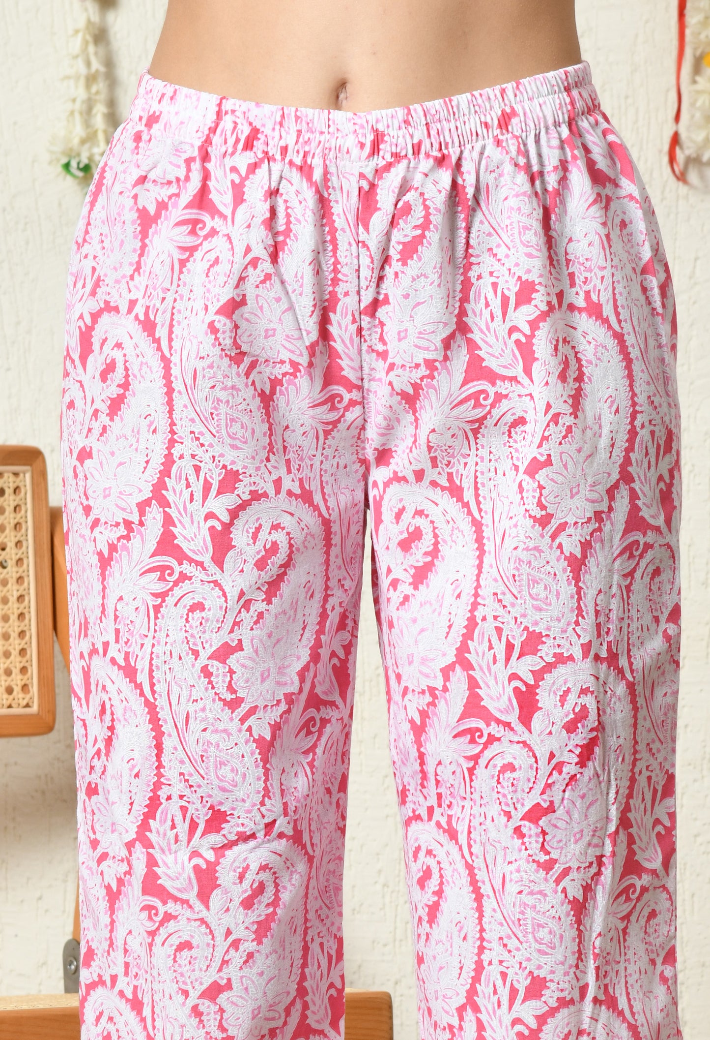 Blush Pink Heritage Paisley printed Rayon Kurta Set with V-Slit Neckline & Side Pocket