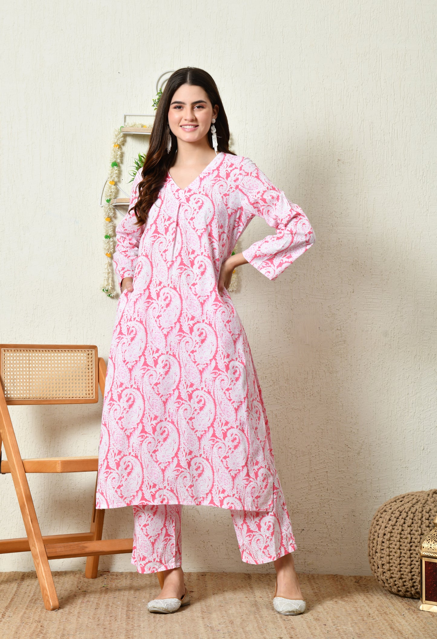 Blush Pink Heritage Paisley printed Rayon Kurta Set with V-Slit Neckline & Side Pocket