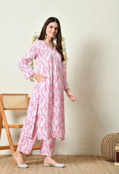 Blush Pink Heritage Paisley printed Rayon Kurta Set with V-Slit Neckline & Side Pocket